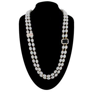 Vintage Long Two Strand Layered White Faux Pearl Beaded Necklace